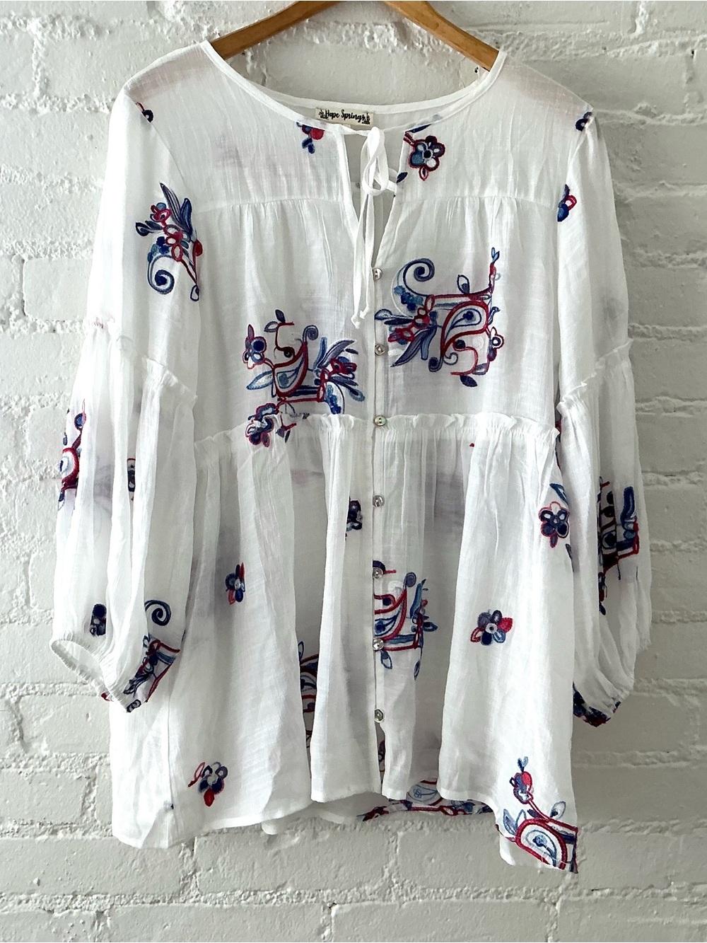 Hope Springs Flowy Boho Tiered Top Button Up Blue/Red Embroidered Flower Cottage
